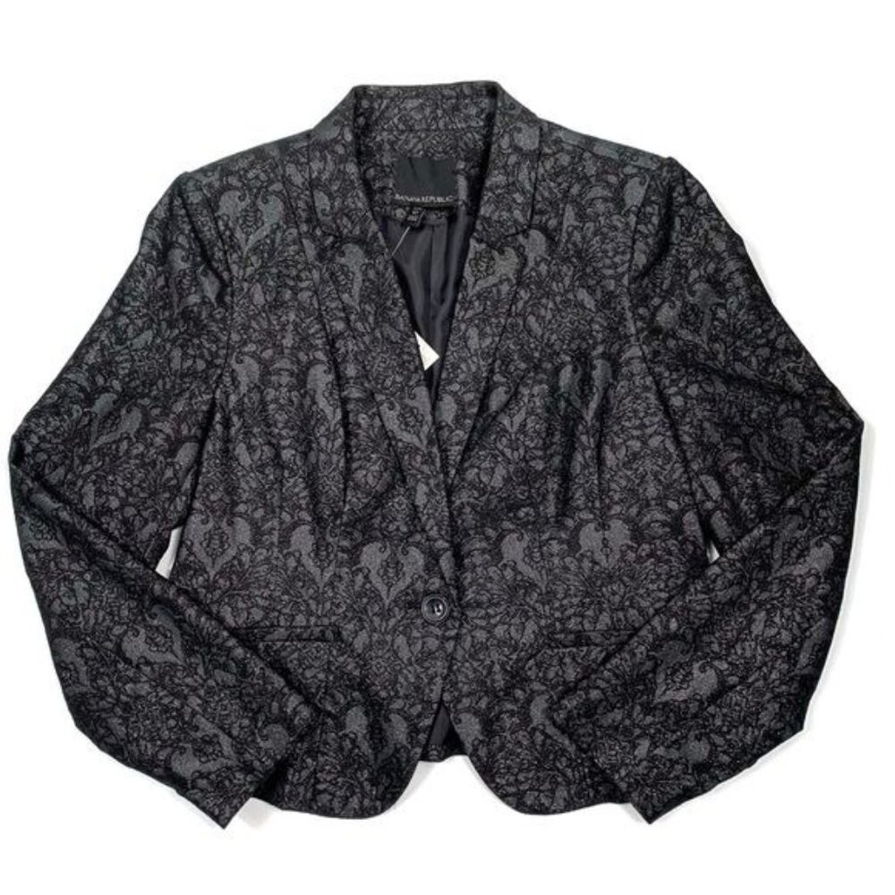 Banana Republic Metallic Damask Holiday Party Blazer Black Charcoal 10 Petite
